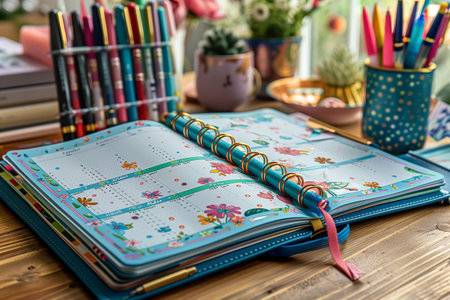 Open Blue Floral Planner On Wooden Table With Pens And Other Suppliesの素材