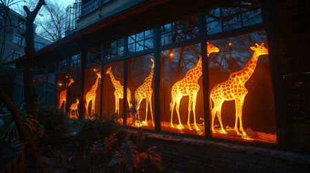 Illuminated Giraffe Silhouettes in Zoo Window at Nightの素材