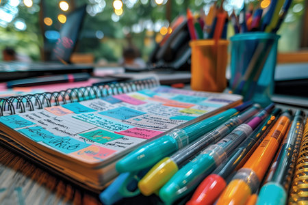 Open Notebook With Colorful Sticky Notes And Pens On Wooden Deskの素材