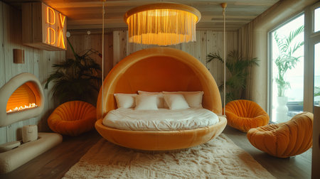 Modern Interior Design With Round Bed, Plush Chairs, and a Cozy Fireplaceの素材