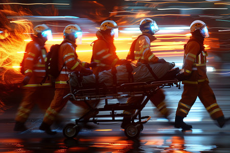 Firefighters Transporting Patient on Stretcher at Night in Cityの素材