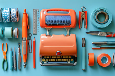 Orange Typewriter and Assorted Stationery Arranged on Blue Backgroundの素材