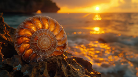 Fossilized Ammonite Shell on Rocky Beach at Sunsetの素材