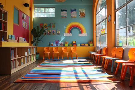 Colorful Classroom With Rainbow Decor and Striped Rug in a Daycare Centerの素材
