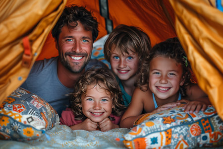Happy Family Camping Together in a Tentの素材