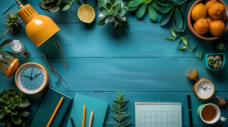 Blue Wooden Tabletop With Clock, Pens, Notebook, and Green Plantsの素材