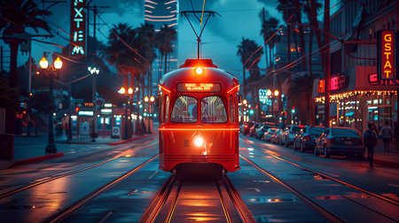 Red Streetcar Traveling Through a City at Nightの素材