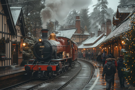 Steam Train Arriving at a Snowy Winter Stationの素材