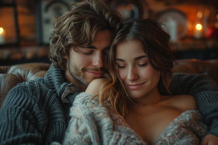 Couple Cuddling on a Leather Couch in a Cozy Homeの素材