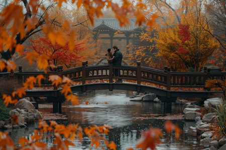 Couple Standing on Wooden Bridge in Autumnal Gardenの素材
