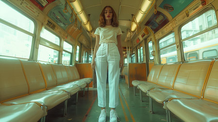 Young Woman Standing in an Empty Train Carの素材