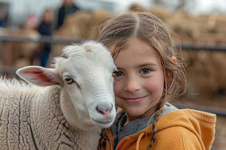 Young Girl Smiles Next to a Sheep at an Outdoor Fairの素材