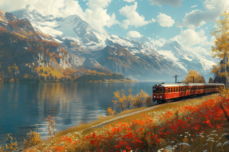 Red Train Traveling Through Autumnal Swiss Alps Landscapeの素材