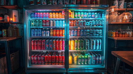 A Well-Stocked Refrigerator Filled With Colorful Canned Beverages in a Modern Bar Settingの素材