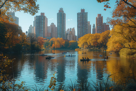 Fall Foliage And Rowboats In Central Park, New York Cityの素材