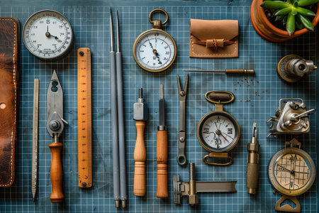 Vintage Tools and Instruments Arranged on Blue Gridded Surfaceの素材
