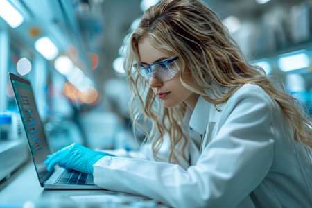 Woman Scientist Working on Laptop in Modern Laboratoryの素材