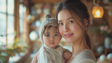 Smiling Mother Holding Baby In Cozy Homeの素材