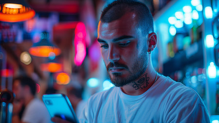 Man Using Smartphone in a Bar With Colorful Lightingの素材