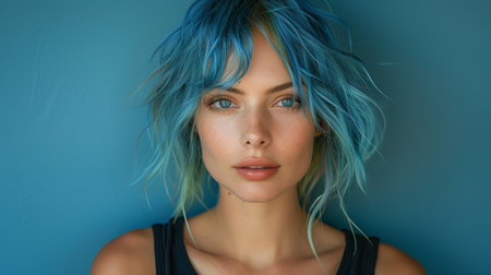 Portrait of a Woman With Blue Hair Against a Blue Backgroundの素材