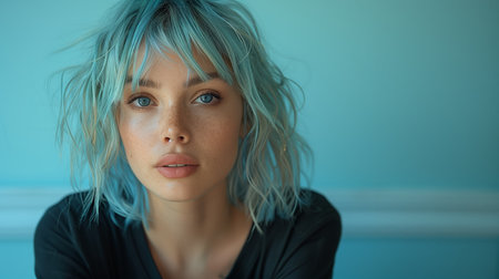 Woman With Blue Hair Posing in Front of a Teal Wallの素材