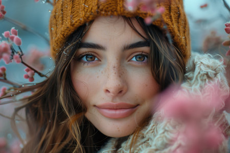 Woman Wearing Knit Beanie and Scarf Smiles in Winter With Pink Blossomsの素材