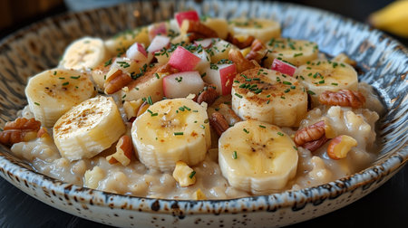 Creamy Oatmeal With Banana, Pecan, and Radish Toppingsの素材
