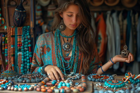 Woman Wearing Turquoise Jewelry at a Bohemian Market Stallの素材