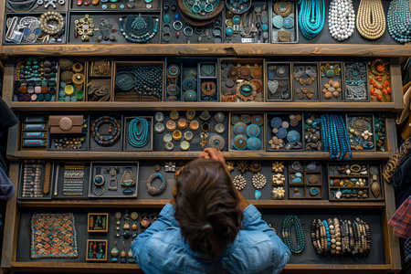 Woman Browsing Jewelry Display in Wooden Drawer Cabinetの素材