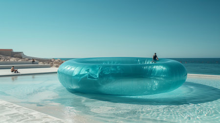 Large Inflatable Pool Ring Floating in a Pool on a Sunny Dayの素材