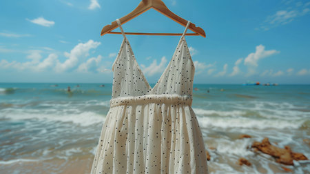 White Polka Dot Dress Hanging On Hanger At The Beachの素材