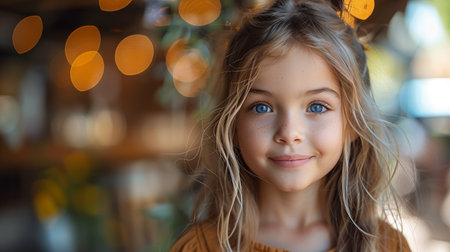 Young Girl With Blonde Hair and Blue Eyes Smiles Outdoorsの素材