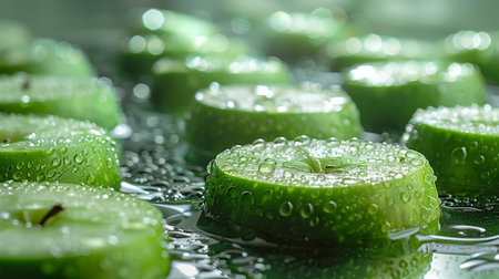 Green Apple Slices Soaked in Water With Dropletsの素材