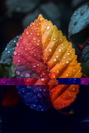 Colorful Autumn Leaf Covered in Dew Dropsの素材