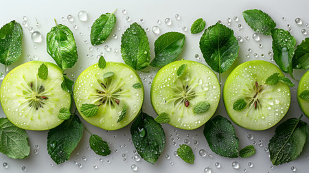 Green Apple Slices With Mint Leaves and Water Dropletsの素材