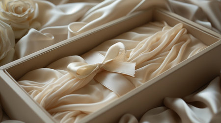 Close Up of Silk Ribbon Tied Around a White Fabric Gift in a Beige Boxの素材