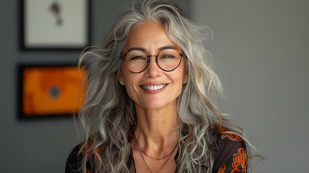Portrait of a Woman With Gray Hair Smiling at the Cameraの素材