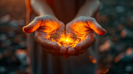 Person Holding Small Fire With Open Palms at Sunsetの素材