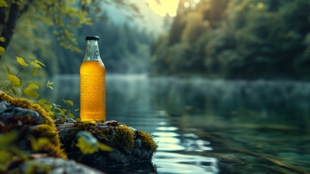 Glass Bottle of Beer Resting on a Rock Near a Lake in a Forest at Sunsetの素材