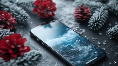 Smartphone Displaying Ocean Waves Surrounded By Snowy Pine Branches And Red Flowersの素材