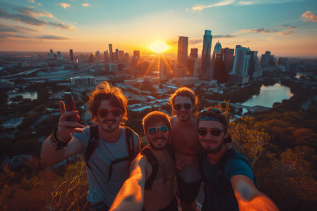 Four Friends Taking a Selfie at Sunset Over a City Skylineの素材