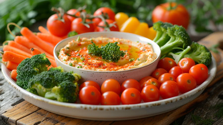 Hummus And Vegetable Platter With Carrot Sticks, Cherry Tomatoes, And Broccoliの素材