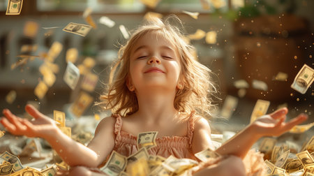 Young Girl Surrounded by Falling Money in Indoor Settingの素材