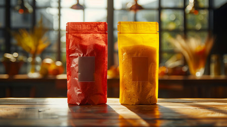 Two Stand-Up Pouches With Blank Labels on Wooden Table In Sunny Cafeの素材