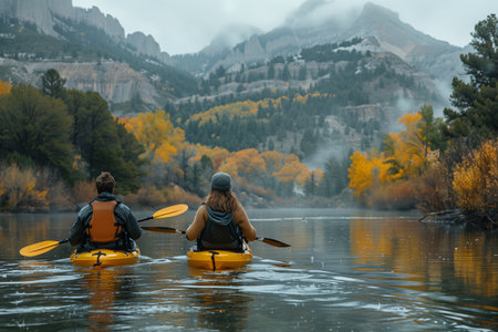 Two Kayakers Paddle Through Mist-Shrouded Mountains in Autumnの素材