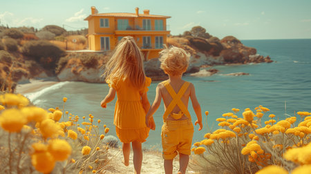 Two Children Running Towards The Sea In Front Of A Yellow Houseの素材