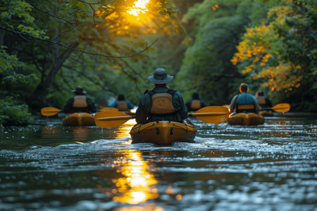 Kayakers Paddle Down a River at Sunset in a Lush Forestの素材