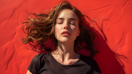Woman With Brown Hair Laying on Red Surfaceの素材