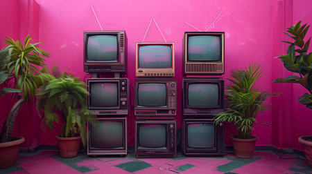 A Row of Vintage Televisions Against a Vibrant Pink Wallの素材