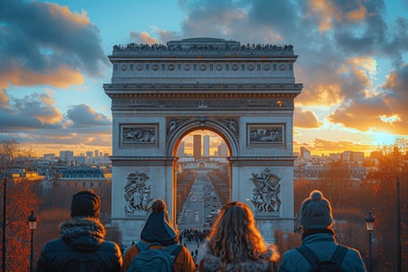 Tourists View Sunset Through Arc De Triomphe in Parisの素材
